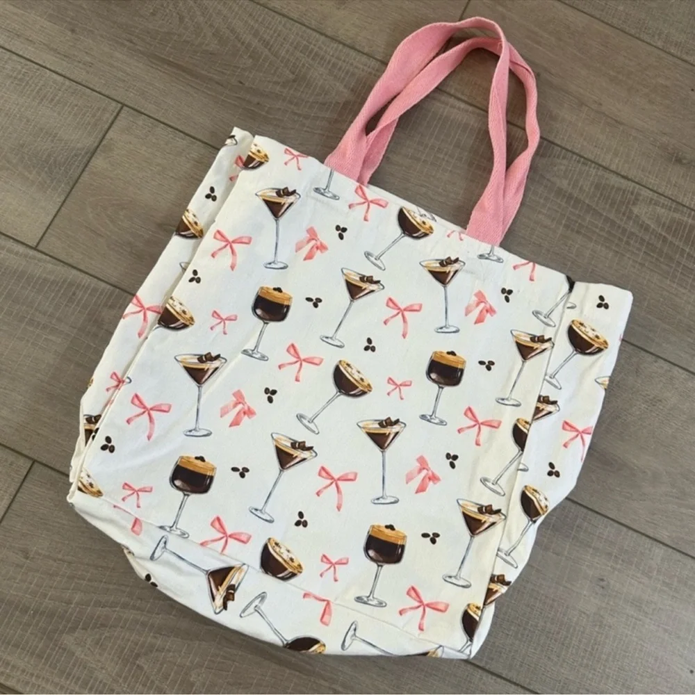 Viral Espresso Martini Coquette Pink Bow Reusable Canvas Shopper Tote Bag NWT